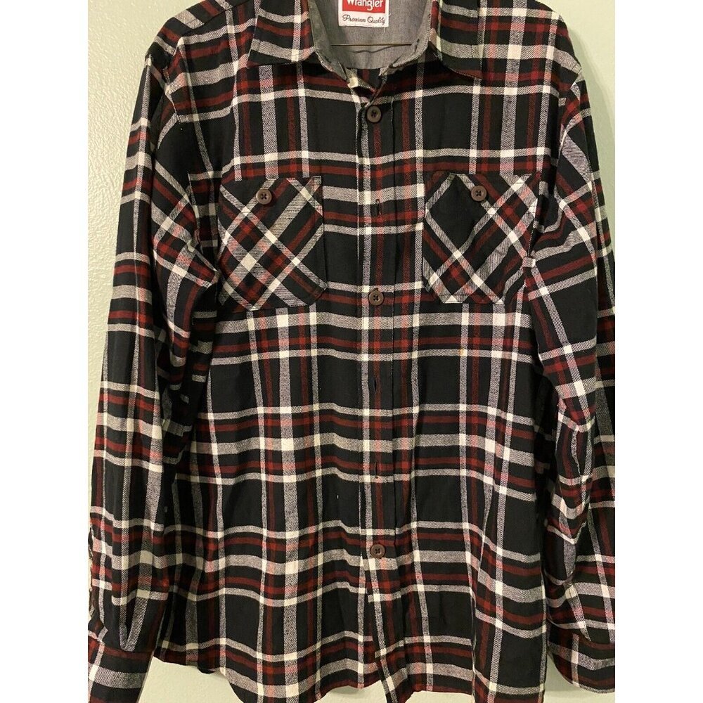 WRANGLER PREMIUM QUALITY MENS BUTTON DOWN PLAID SHIRT - SIZE MEDIUM - RED BLACK